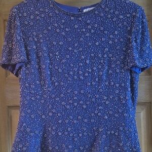 Adrianna Papell Royal Blue Beaded Silk Blouse Top size 8